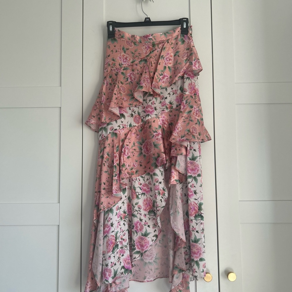 DESIGNER: AMUR peachy pink floral midi skirt